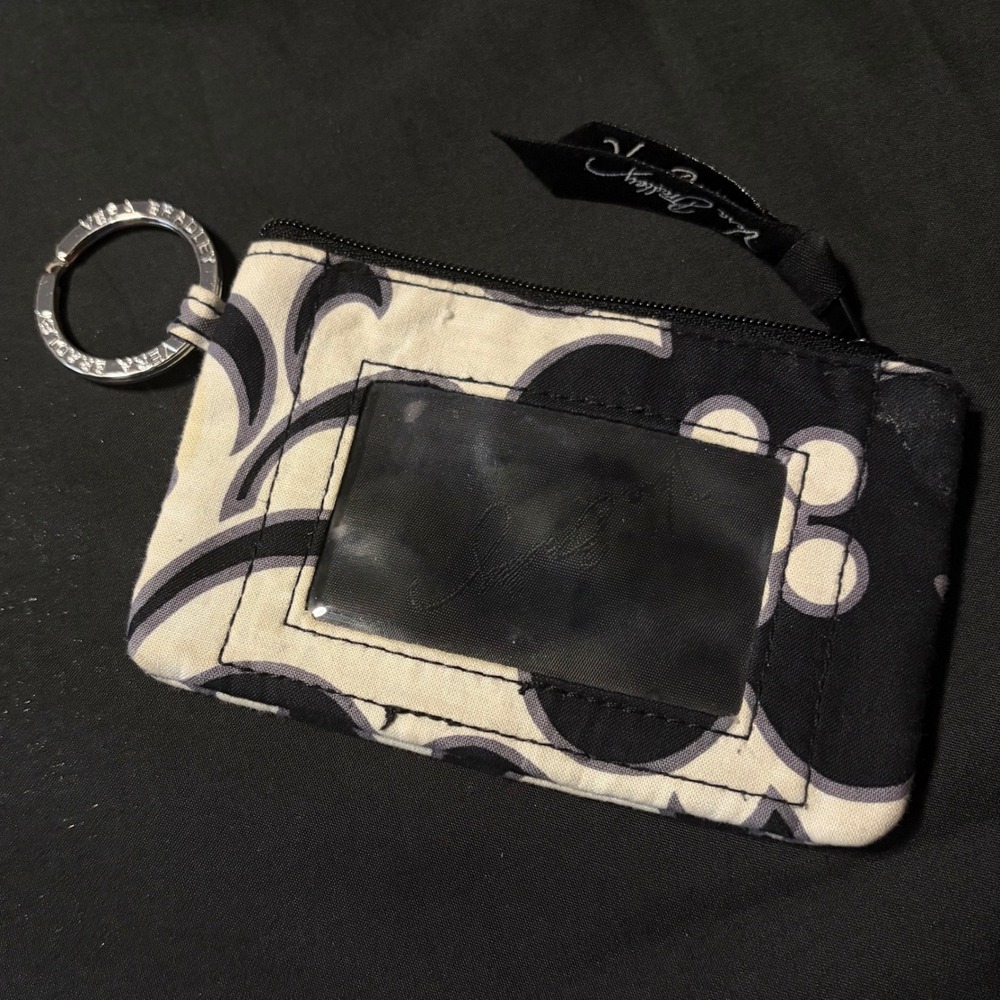 Vera Bradley Zip ID Case Wallet Black White Floral Paisley Keychain Coin Purse